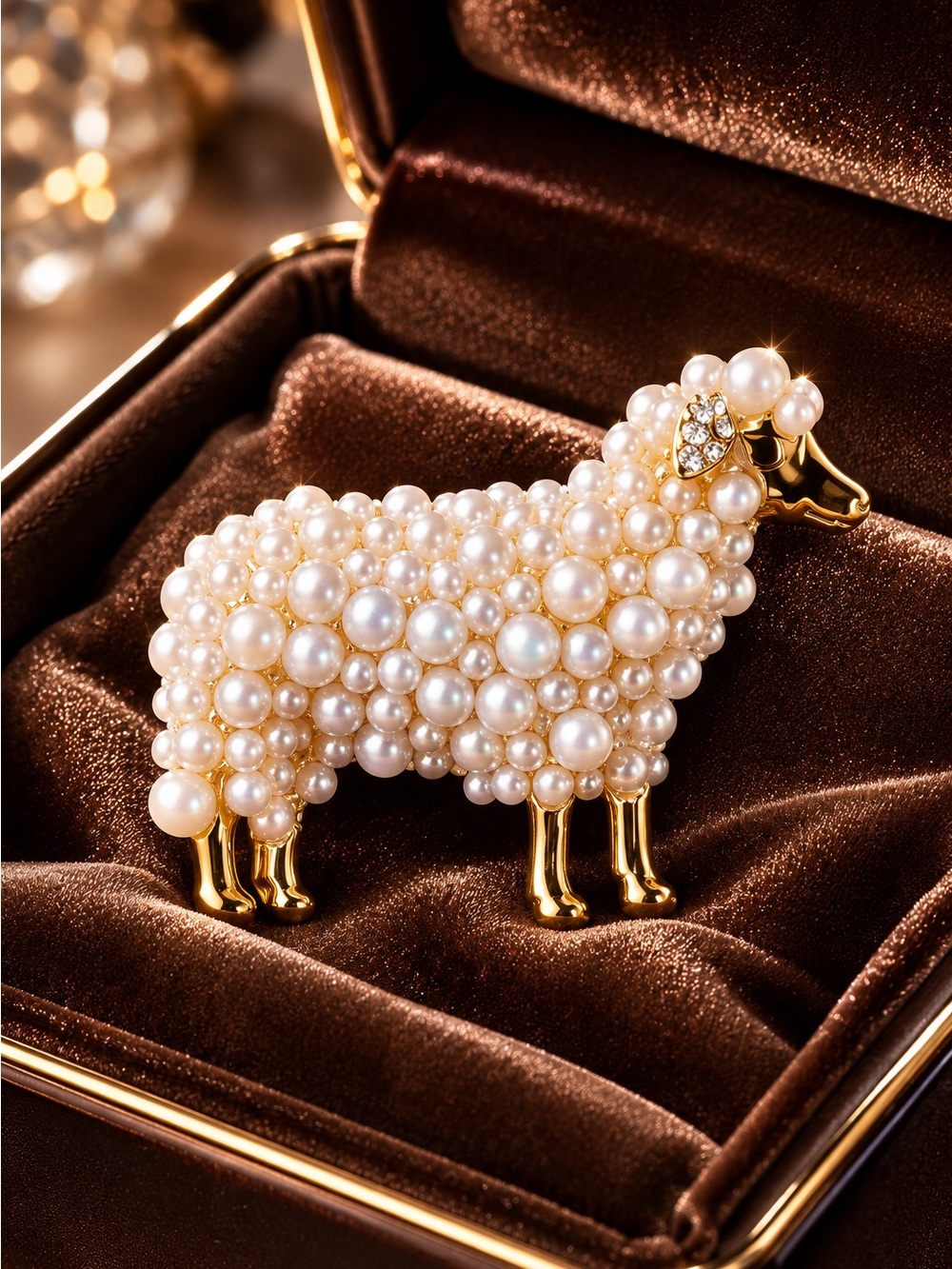 White Pearl accent Sheep Brooch - Gold & Cream/white tones - Picture 8 of 13